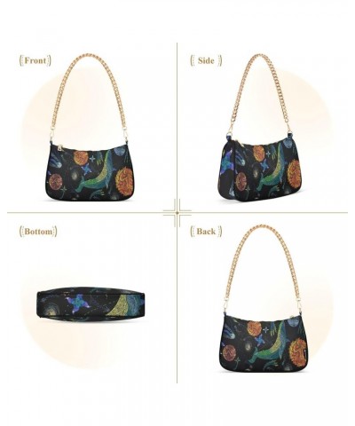 Leopard Geometric Pattern Chain Shoulder Bag for Women Woman's Small Purse Tote Handbags Embroidery Blue Whales Universe Patt...