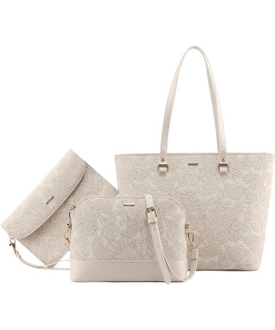 Purses and Handbags for Women Fashion Tote Bags Shoulder Bag Top Handle Satchel Bags 3pcs-embossing Beige $19.59 Handbags