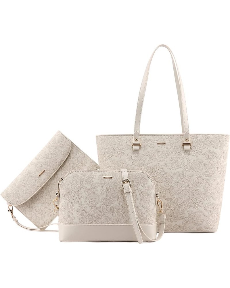 Purses and Handbags for Women Fashion Tote Bags Shoulder Bag Top Handle Satchel Bags 3pcs-embossing Beige $19.59 Handbags