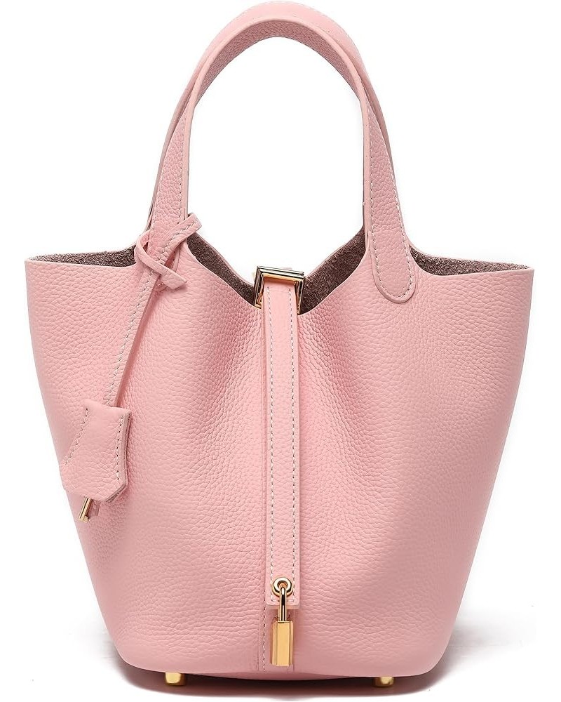 Genuine Leather Soft Bucket Bag for Women Fashion Lock Design Handbags Vegetable Basket Satchel with Top Handle Bags Pink (Go...