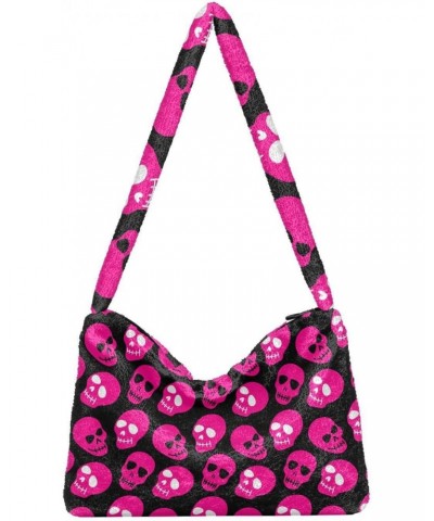 Pink Skulls Furry Tote Bag for Women Crossbody Bag Shoulder Purse Puffer Purse with Zipper for Daily Use $10.29 Totes