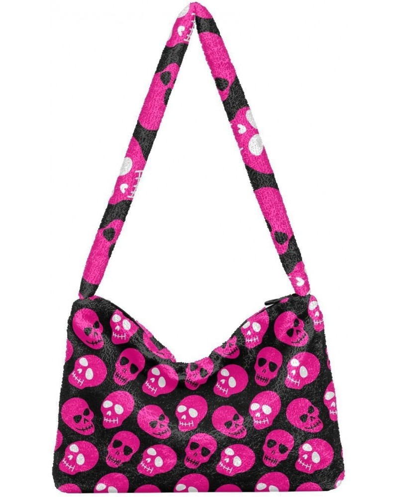 Pink Skulls Furry Tote Bag for Women Crossbody Bag Shoulder Purse Puffer Purse with Zipper for Daily Use $10.29 Totes