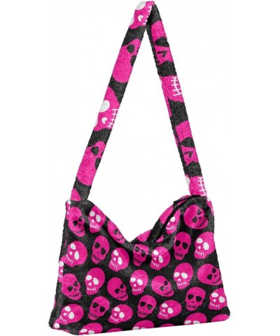 Pink Skulls Furry Tote Bag for Women Crossbody Bag Shoulder Purse Puffer Purse with Zipper for Daily Use $10.29 Totes