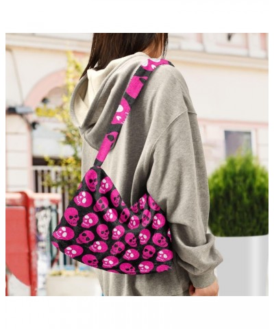 Pink Skulls Furry Tote Bag for Women Crossbody Bag Shoulder Purse Puffer Purse with Zipper for Daily Use $10.29 Totes