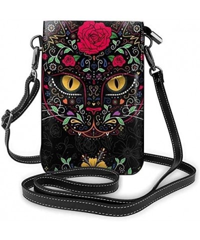 Day of the Dead Kitty Cat Sugar Skull Women Soft PU Leather Cellphone Purse Wallet Handbag Small Crossbody Shoulder Bag $19.3...