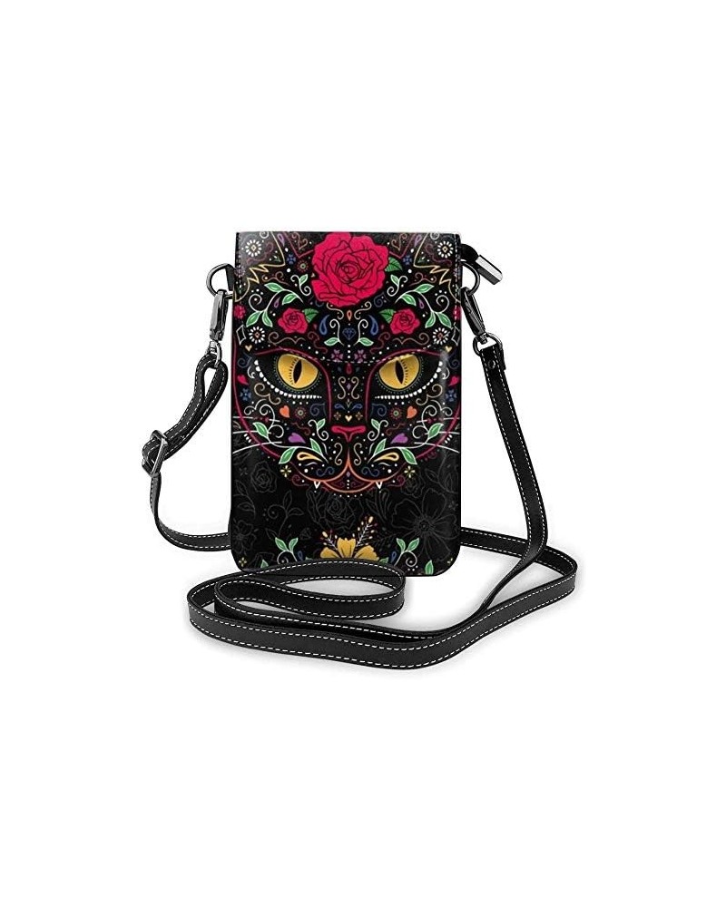 Day of the Dead Kitty Cat Sugar Skull Women Soft PU Leather Cellphone Purse Wallet Handbag Small Crossbody Shoulder Bag $19.3...