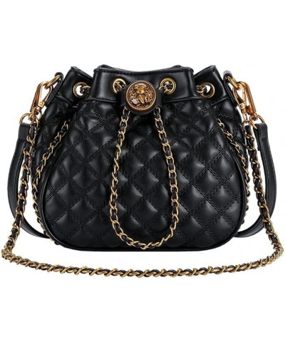 Women's black diamond checkered retro drawstring bucket bag crossbody bag Purses $22.05 Crossbody Bags