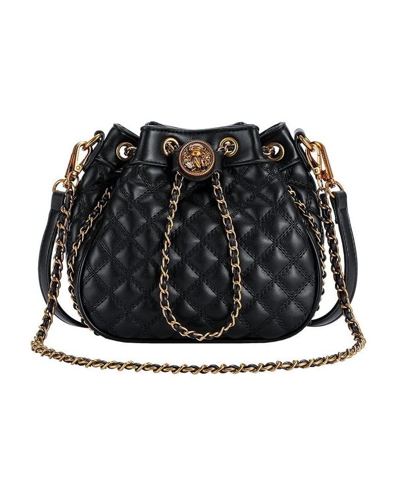 Women's black diamond checkered retro drawstring bucket bag crossbody bag Purses $22.05 Crossbody Bags