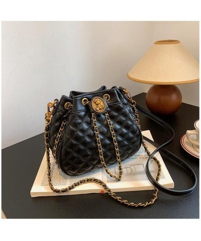 Women's black diamond checkered retro drawstring bucket bag crossbody bag Purses $22.05 Crossbody Bags