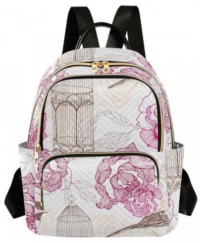 Vintage Pink Flower Bird and Cage Casual Fashion Polyester Travel Rucksack Shoulder Bag Color Small $17.76 Backpacks