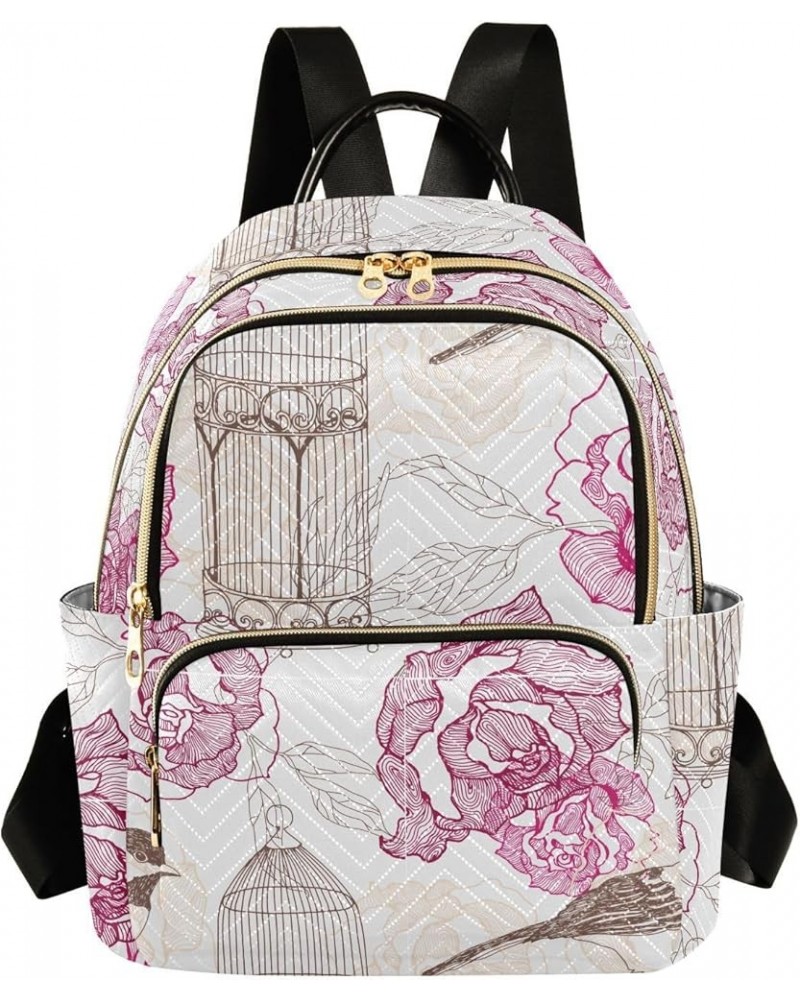 Vintage Pink Flower Bird and Cage Casual Fashion Polyester Travel Rucksack Shoulder Bag Color Small $17.76 Backpacks