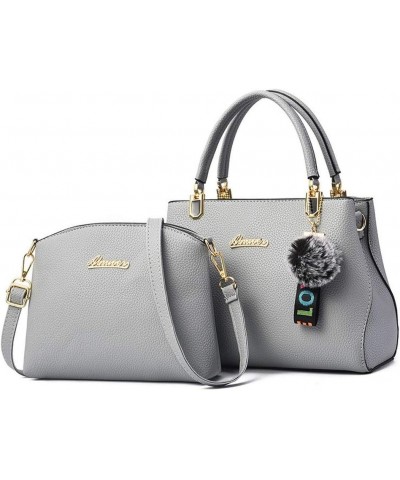 2Pcs Women's Bag Set PU Lychee Pattern Hair Ball Shoulder Large Capacity Handbag (rubber powder) Gray $36.00 Totes