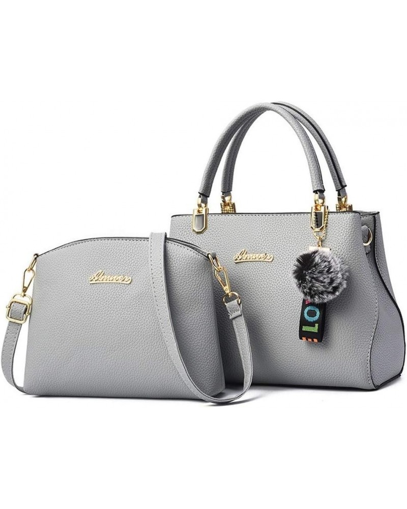 2Pcs Women's Bag Set PU Lychee Pattern Hair Ball Shoulder Large Capacity Handbag (rubber powder) Gray $36.00 Totes