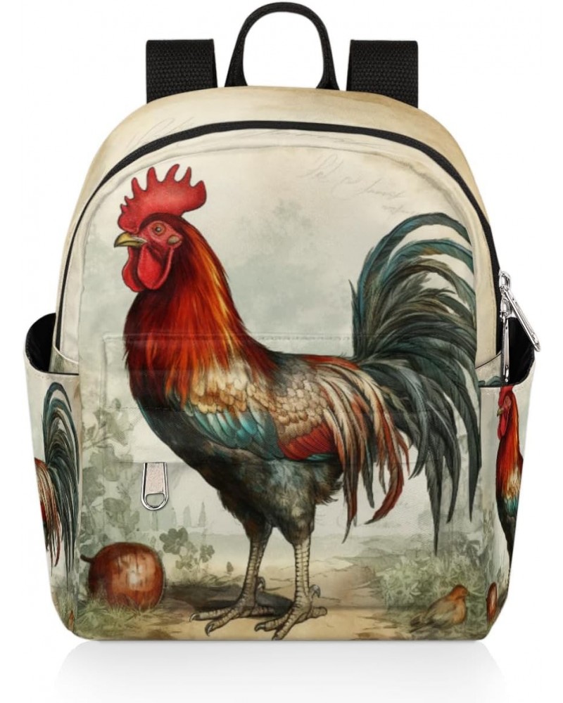 Vintage Rooster Mini Backpack Purse for Women Girls, Retro Chicken Pattern Small Backpack Lightweight Casual Travel Bag Daypa...