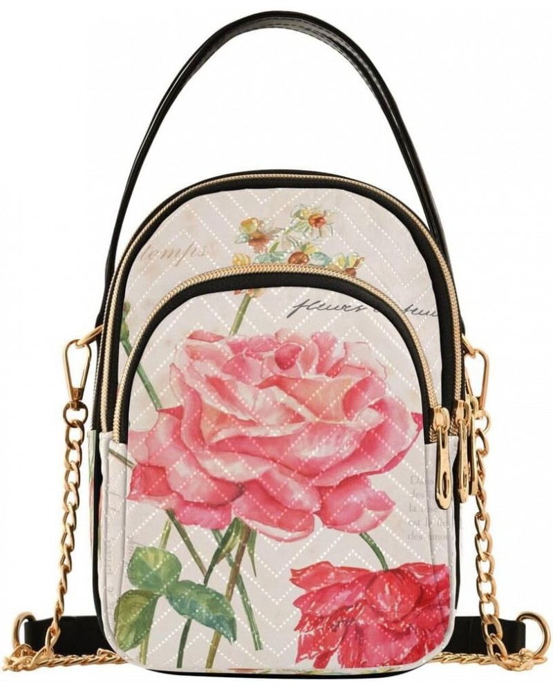 French Pink Rose Flowers Crossbody Bag Small Shoulder Handbags Leather Purse for Women $14.55 Crossbody Bags