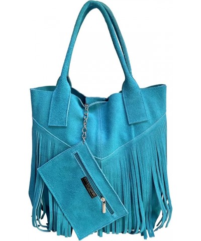 Ladies Genuine Suede Leather Fringe Shopper Bag Plus Same Color Jewelry Pouch - Handbag - Shoulder Bag Sky Blue $72.45 Should...