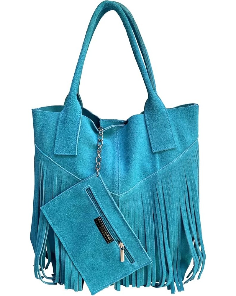 Ladies Genuine Suede Leather Fringe Shopper Bag Plus Same Color Jewelry Pouch - Handbag - Shoulder Bag Sky Blue $72.45 Should...