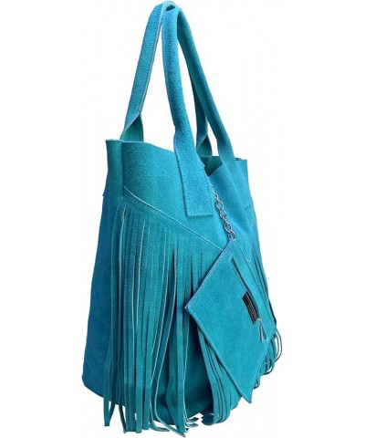 Ladies Genuine Suede Leather Fringe Shopper Bag Plus Same Color Jewelry Pouch - Handbag - Shoulder Bag Sky Blue $72.45 Should...