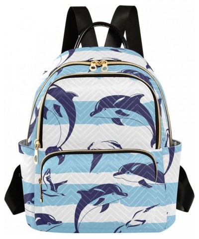 Mini Backpack Purse for Women Lightweight Girls Small Size Dolphin Animal Blue Striped School Teens College Traveling Medium ...