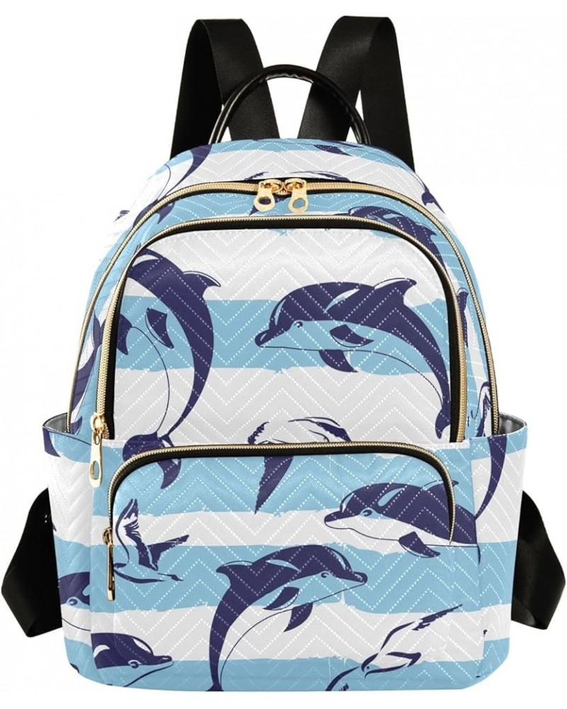 Mini Backpack Purse for Women Lightweight Girls Small Size Dolphin Animal Blue Striped School Teens College Traveling Medium ...