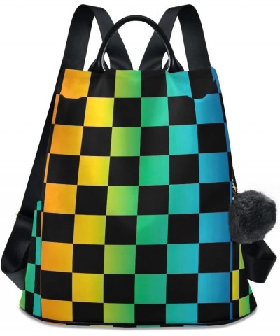 Patchwork Pattern Women Backpack Purse Anti Theft Travel Hiking Rucksack Pack Black Rainbow Checkered $21.41 Backpacks