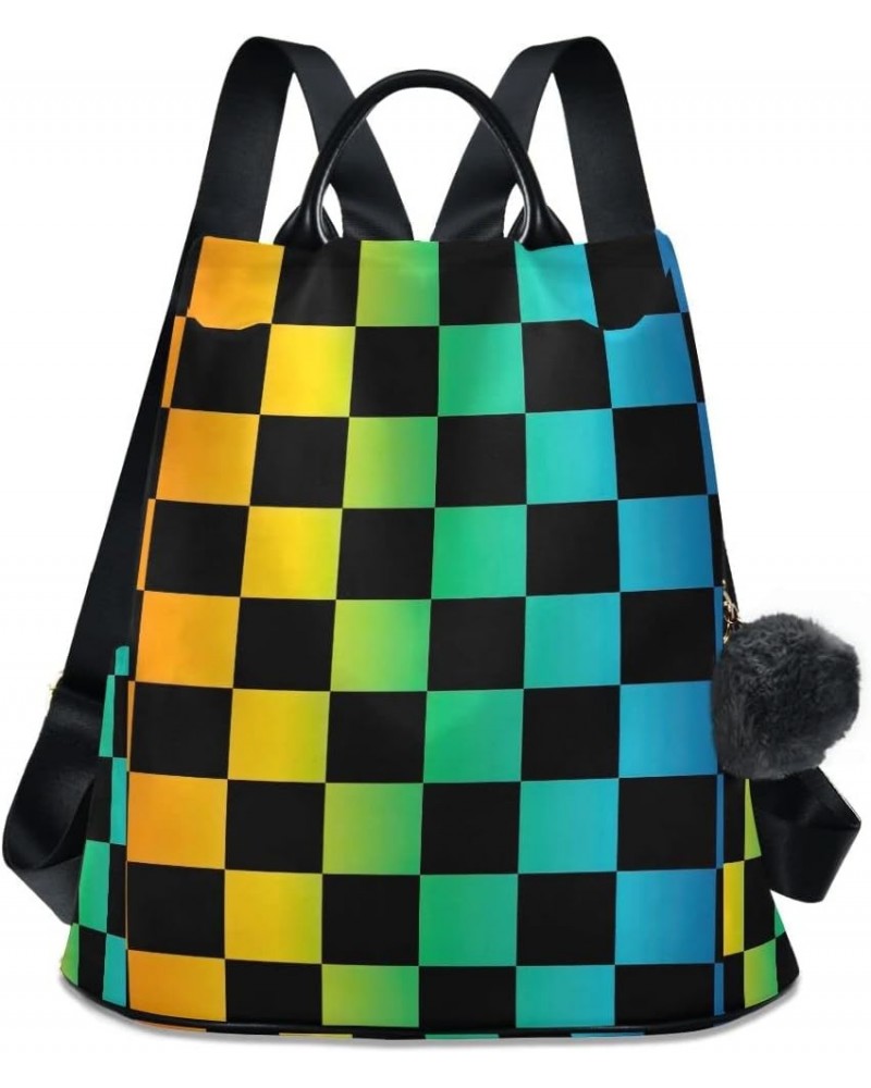 Patchwork Pattern Women Backpack Purse Anti Theft Travel Hiking Rucksack Pack Black Rainbow Checkered $21.41 Backpacks