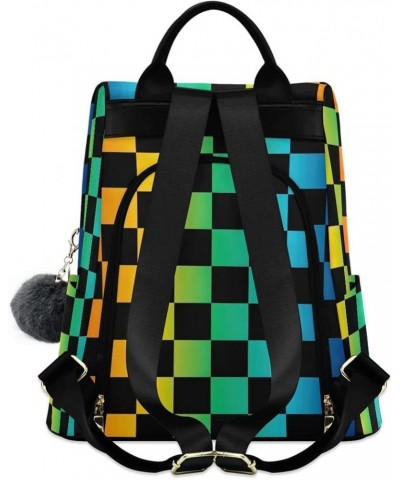 Patchwork Pattern Women Backpack Purse Anti Theft Travel Hiking Rucksack Pack Black Rainbow Checkered $21.41 Backpacks