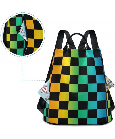 Patchwork Pattern Women Backpack Purse Anti Theft Travel Hiking Rucksack Pack Black Rainbow Checkered $21.41 Backpacks