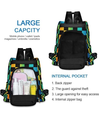 Patchwork Pattern Women Backpack Purse Anti Theft Travel Hiking Rucksack Pack Black Rainbow Checkered $21.41 Backpacks