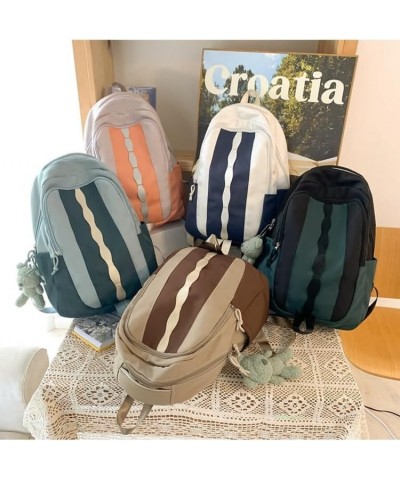 Kawaii Backpack with Cute Accessories Pendant - Aesthetic Casual Bag Unisex Lovely Wave Pattern Rucksack (Khaki Brown) White ...