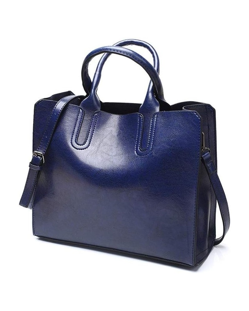 Women's Large Capacity Handbag Retro Oil Wax PU Leather Shoulder Shopping Bag Blue $18.12 Shoulder Bags