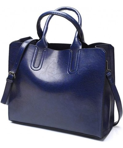 Women's Large Capacity Handbag Retro Oil Wax PU Leather Shoulder Shopping Bag Blue $18.12 Shoulder Bags