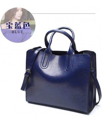 Women's Large Capacity Handbag Retro Oil Wax PU Leather Shoulder Shopping Bag Blue $18.12 Shoulder Bags