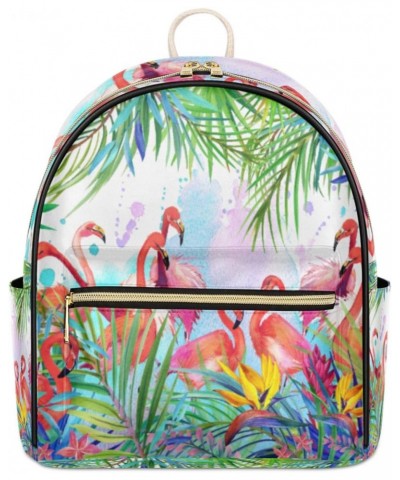 Tropical Flamingo Mini Backpack Purse for Women Teen Girls, Flamingo Palm Tree Leather Small Backpack Lightweight Casual Trav...