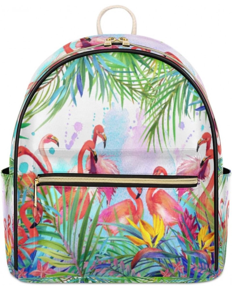 Tropical Flamingo Mini Backpack Purse for Women Teen Girls, Flamingo Palm Tree Leather Small Backpack Lightweight Casual Trav...