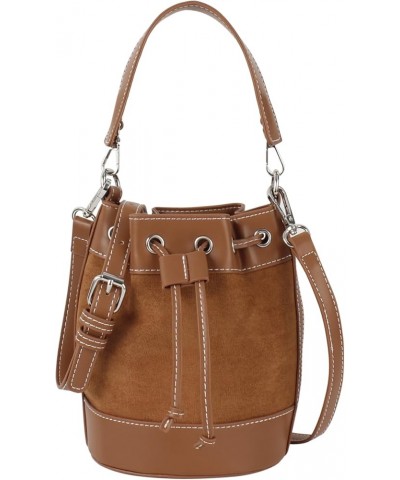 Women's Suede Bucket Shoulder Crossbody Bag Drawstring Tassel Barrel Shape Hobo Purse Brown $18.08 Hobo Bags