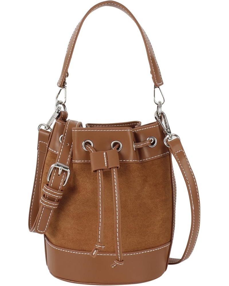 Women's Suede Bucket Shoulder Crossbody Bag Drawstring Tassel Barrel Shape Hobo Purse Brown $18.08 Hobo Bags