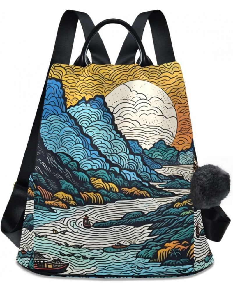 Women's Backpack Purse Line Drawing Landscape Print, Anti Theft Casual Daypack Shoulder Bag with Key Chain 15 Inches $24.59 B...