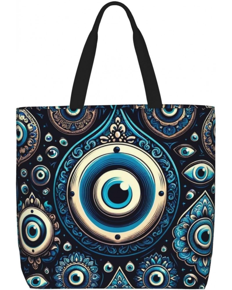 Women'S Soft Tote Shoulder Bag Blue-Evil-Eye-Floral Foldable Travel Purse With Zipper Closure $12.23 Totes