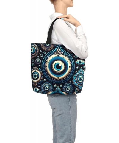 Women'S Soft Tote Shoulder Bag Blue-Evil-Eye-Floral Foldable Travel Purse With Zipper Closure $12.23 Totes