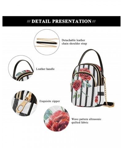 Valentines Cell Phone Purse Rose Vivid Black White Stripes Crossbody Handbag Durable Shoulder Bag Sturdy Travel Pouch Compact...