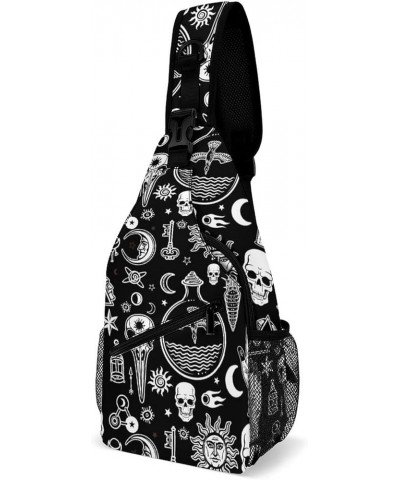 Sling Backpack Small Crossbody Bag for Women Men, Halloween Goth Gothic Raven Crow Skull Sun Moon Tattoos Outdoor Shoulder Da...