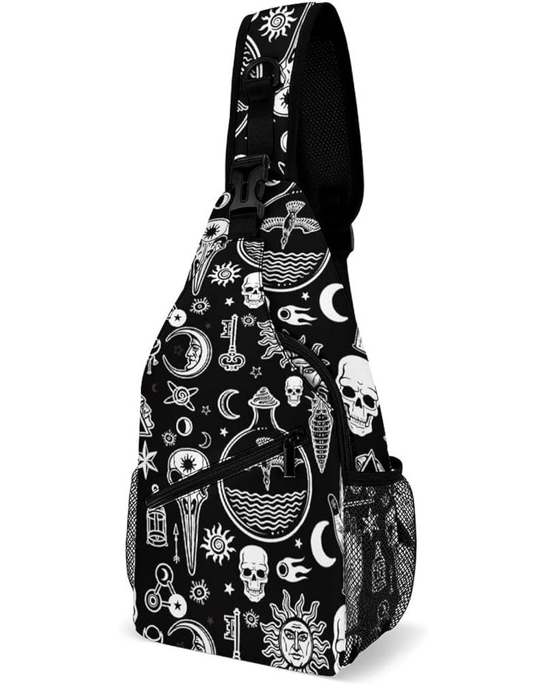 Sling Backpack Small Crossbody Bag for Women Men, Halloween Goth Gothic Raven Crow Skull Sun Moon Tattoos Outdoor Shoulder Da...