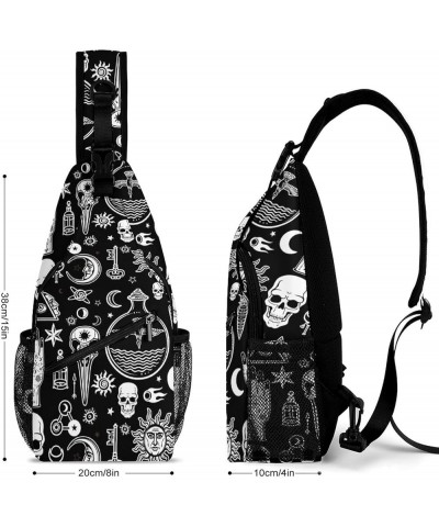 Sling Backpack Small Crossbody Bag for Women Men, Halloween Goth Gothic Raven Crow Skull Sun Moon Tattoos Outdoor Shoulder Da...