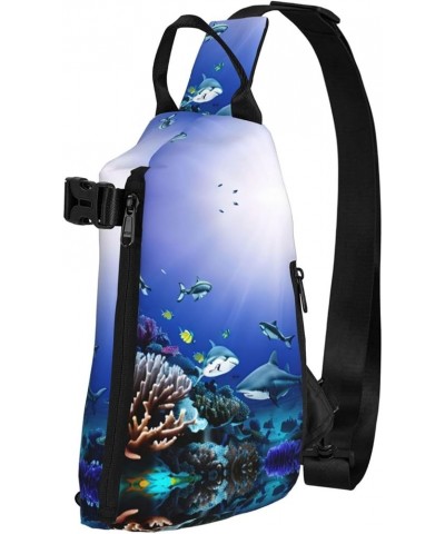 Marble Purple Print Unisex Casual Tactical Daypack Versatile Crossbody Backpack Sling Shoulder Pack Shark Swimming Under the ...