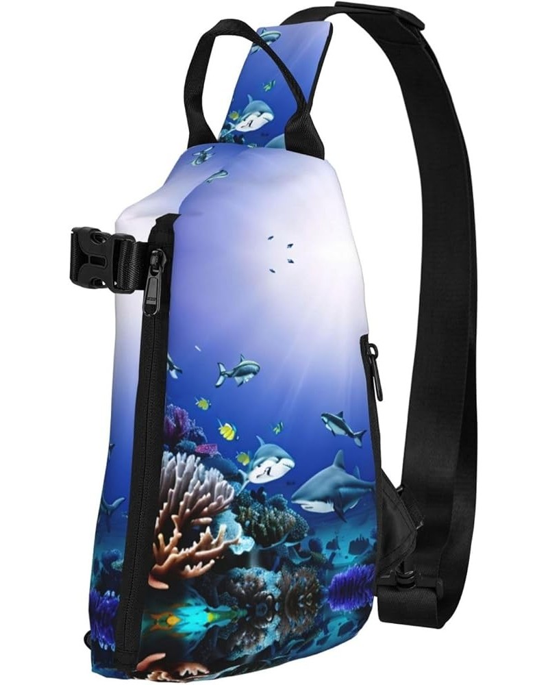 Marble Purple Print Unisex Casual Tactical Daypack Versatile Crossbody Backpack Sling Shoulder Pack Shark Swimming Under the ...