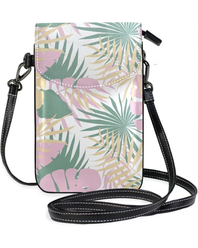 Lightweight Leather Phone Purse, Small Crossbody Bag Mini Tropical Leaf Pink Flower Cell Phone purse Shoulder Bag with Strap ...