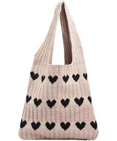 Knitted love tote bag small fresh simple fashion knitted bag personality trendy shoulder bag Apricot $28.61 Totes