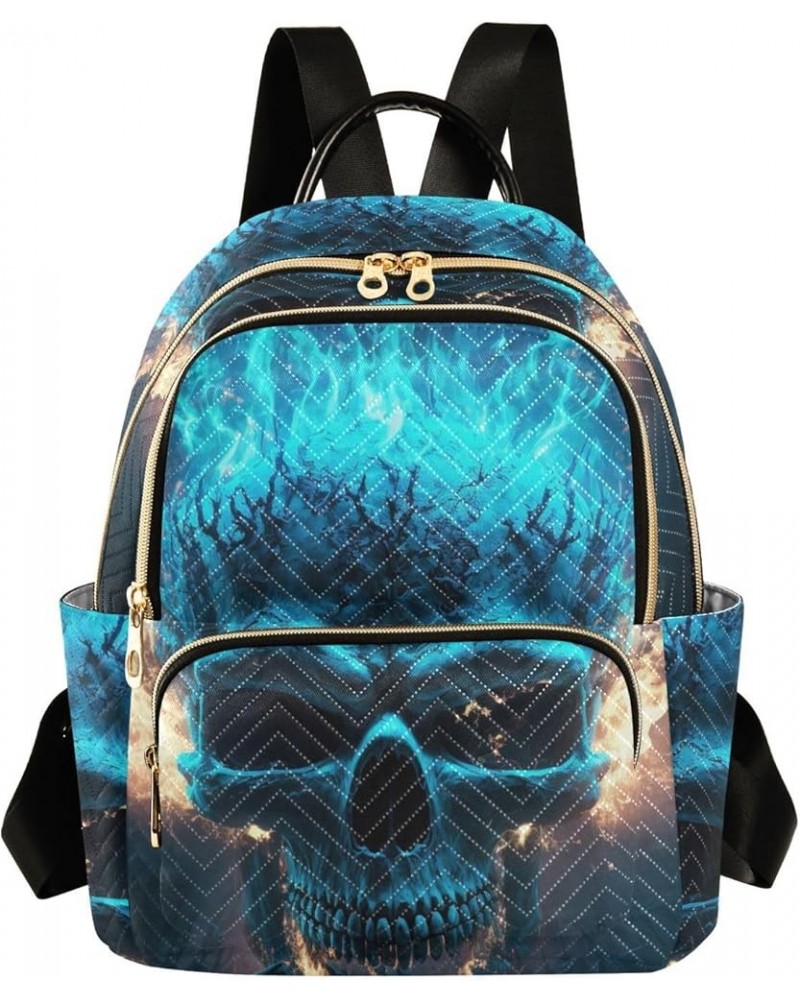 Women's Medium Fashion Backpack Blue Fire Skull Print Ladies Travel Daypack Aesthetic Shoulder Bag 11.4×6.1×14.1 IN $20.87 Ba...