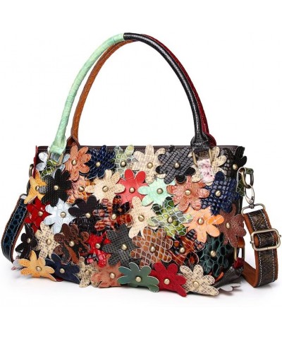 Women's Multicolor Flower Handbag Leather Random Splicing Shoulder Purse Satchel Multicoloured $34.30 Satchels